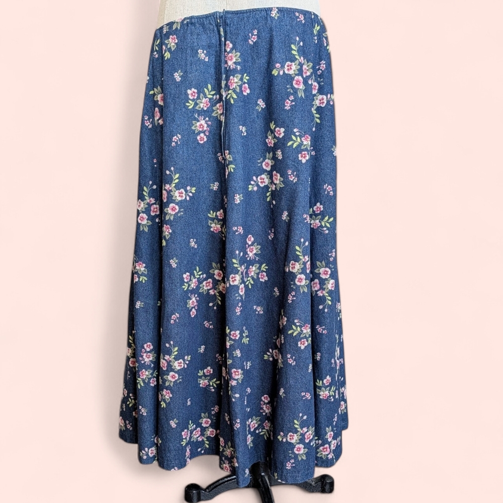 Cottagecore Floral Denim Midi Skirt Handmade Vintage Style Blue Prairie Skirt - Picture 3 of 9